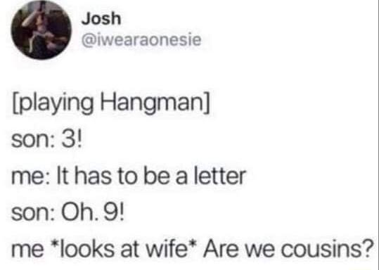 Josh iwearaonesie playing Hangman son 3 me It has to be a letter son Oh9 me looks at wife Are we cousins