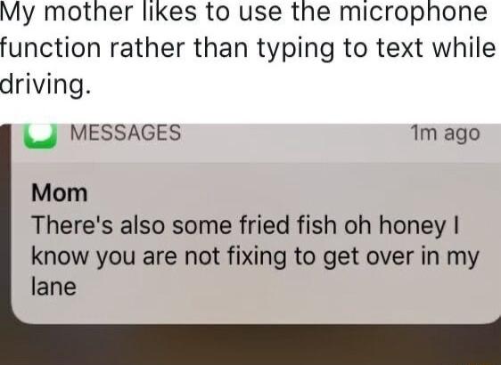 My mother likes to use the microphone function rather than typing to text while driving J MESSAGES 1m ago Mom Theres also some fried fish oh honey know you are not fixing to get over in my lane