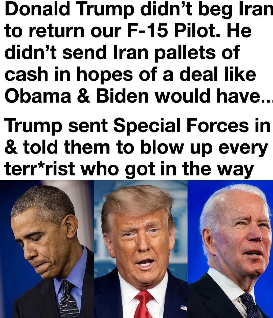 Donald Trump didn't beg Iran to return our F-15 Pilot. He didn't send Iran pallets of cash in hopes of a deal like Obama & Biden would have... Trump sent Special Forces in & told them to blow up every terr*rist who got in the way