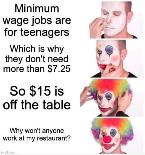 Minimum wage jobs are for teenagers Which is why they dont need more than 725 So 15is off the table Why wont anyone work at my restaurant