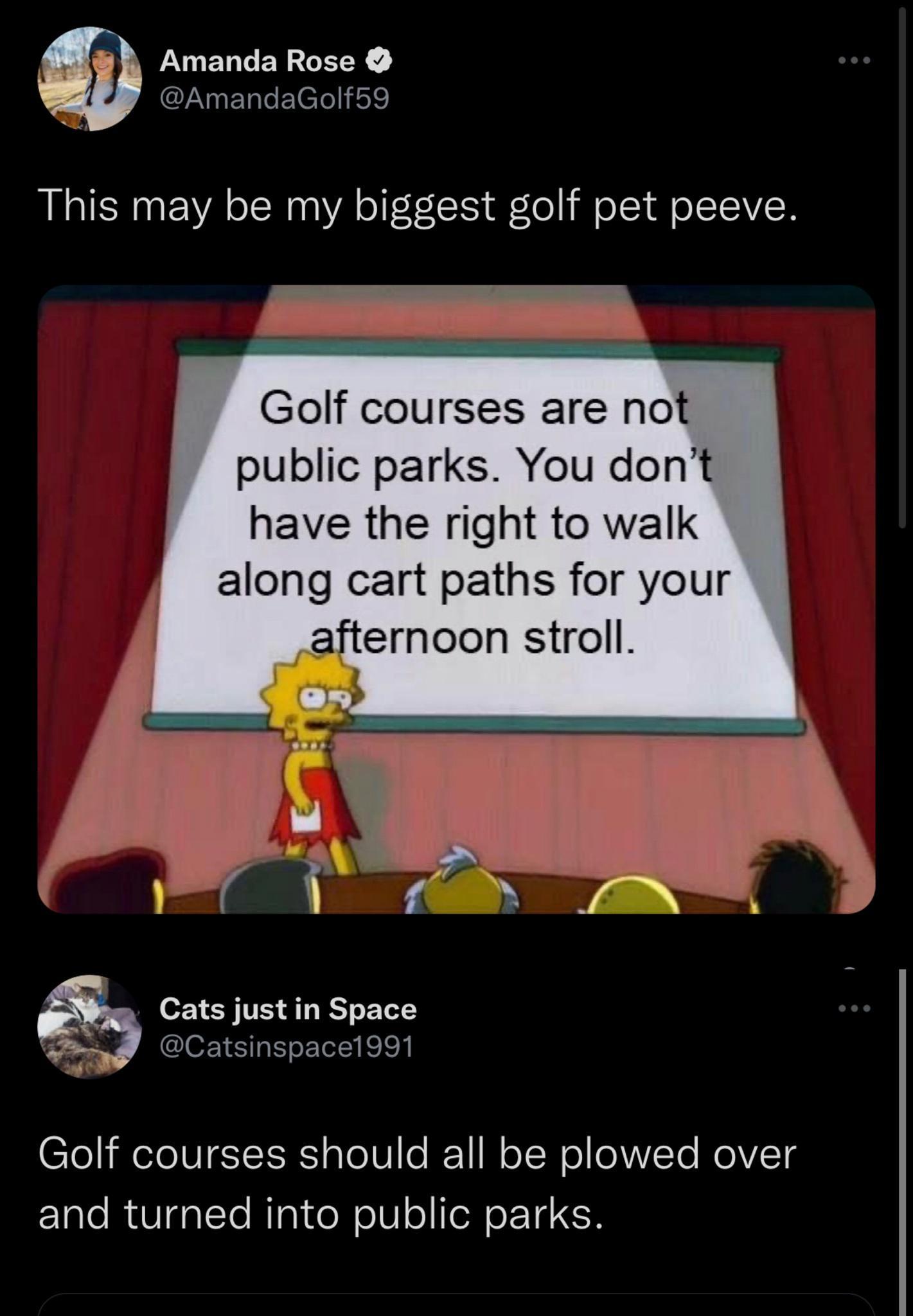 Amanda Rose N ETale ElC o1 oS This may be my biggest golf pet peeve Golf courses are not public parks You dont have the right to walk along cart paths for your afternoon stroll Cats just in Space Catsinspace1991 CTo eIV EISERS aleV1 1 oTN o oVTo WeVET and turned into public parks