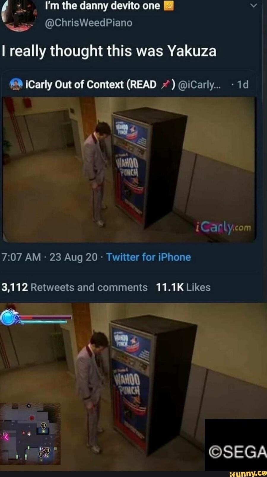2 Imthe danny devito one v ChrisWeedPiano I really thought this was Yakuza Carly Out of Context READ iCarly 1d N ku iGanlycom 707 AM 23 Aug 20 Twitter for iPhone 3112 Retweets and comments 111K Likes