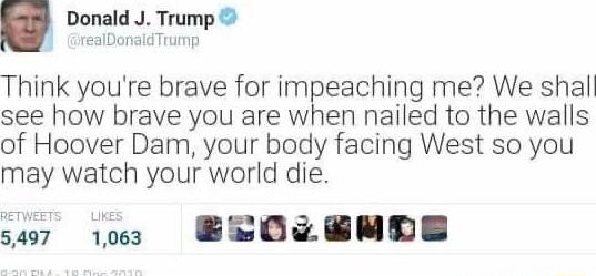 Think youre brave for impeaching me We shall see how brave you are when nailed to the walls of Hoover Dam your body facing West so you may watch your world die 547 100 BEROZEMDE