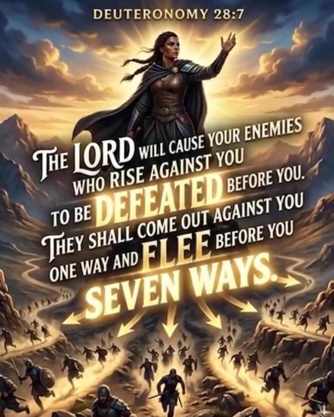 DEUTERONOMY 28:7 THE LORD WILL CAUSE YOUR ENEMIES WHO RISE AGAINST YOU TO BE DEFEATED BEFORE YOU. THEY SHALL COME OUT AGAINST YOU ONE WAY AND FLEE BEFORE YOU SEVEN WAYS.