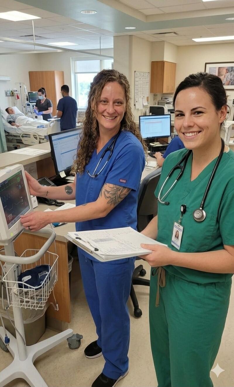 Two female medical professionals, likely nurses, are smiling at the camera in a hospital or clinic setting. One is wearing blue scrubs and interacting with a medical monitor, while the other is in green scrubs and holding a clipboard. In the background, other medical staff are attending to a patient in a bed.