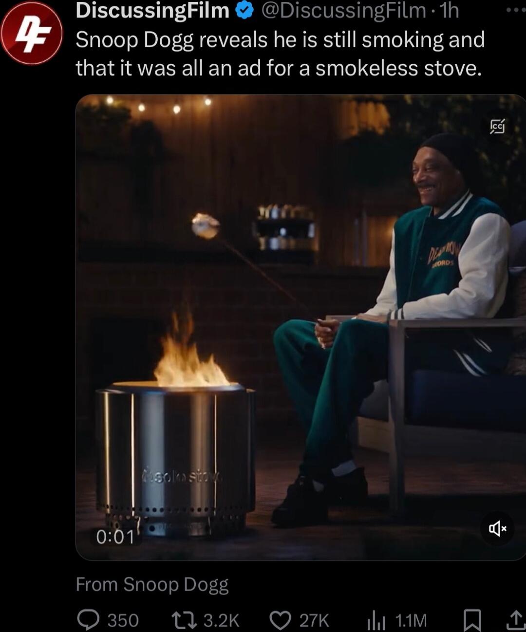 DiscussingFilm DiscussingFilm 1h Snoop Dogg reveals he is still smoking and LUEIATEREERELRCE RN EEES GITY From Snoop Dogg RT To I i e 1 S 0 27 S WK Y A