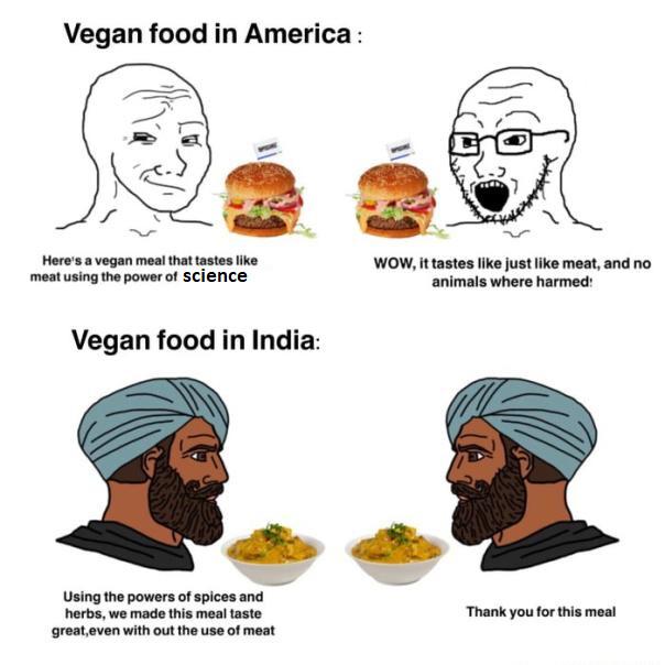 Vegan food in America Heres s vegan meai ha tases e WOW i tastes ke just ke moat and no mestusing e powse f SCIENCE ettty Vegan food in India e Usingthe powers o spicesand herba wo s this meol taste Thank you for ths mes oreataven without e useof meat