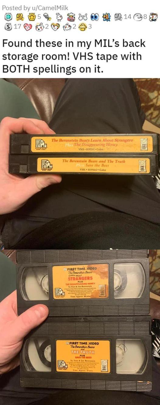 storage room VHS tape with BOTH spellings on it