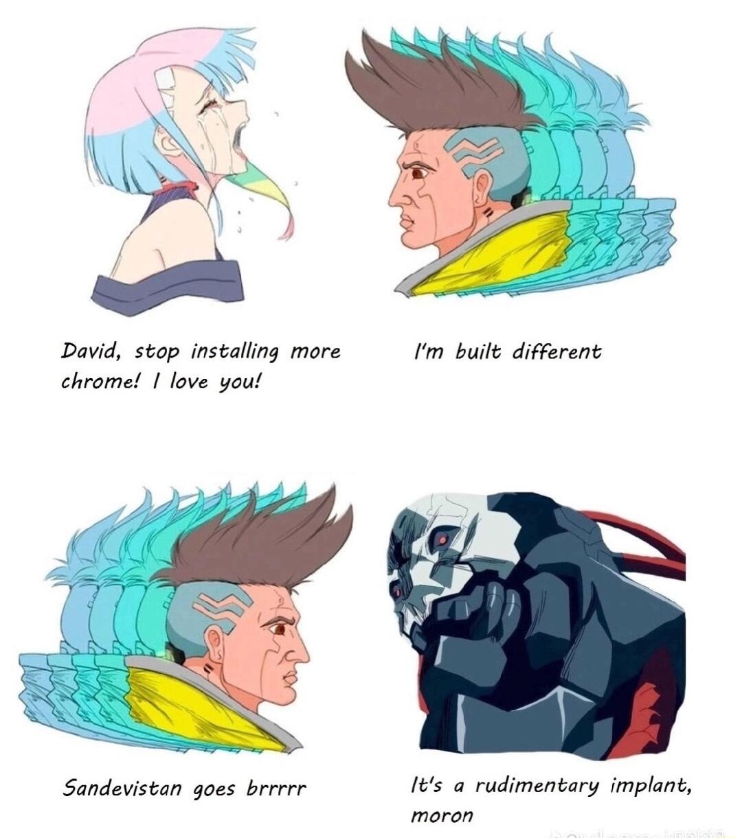 David stop installing more Im buite different chrome love you Sandevistan goes brrrrr 1s a rudimentary implant moron