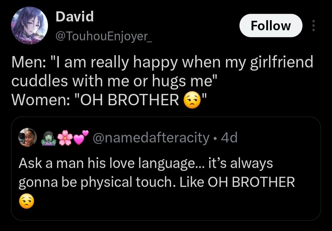 David @TouhouEnjoyer_ Follow Men: 