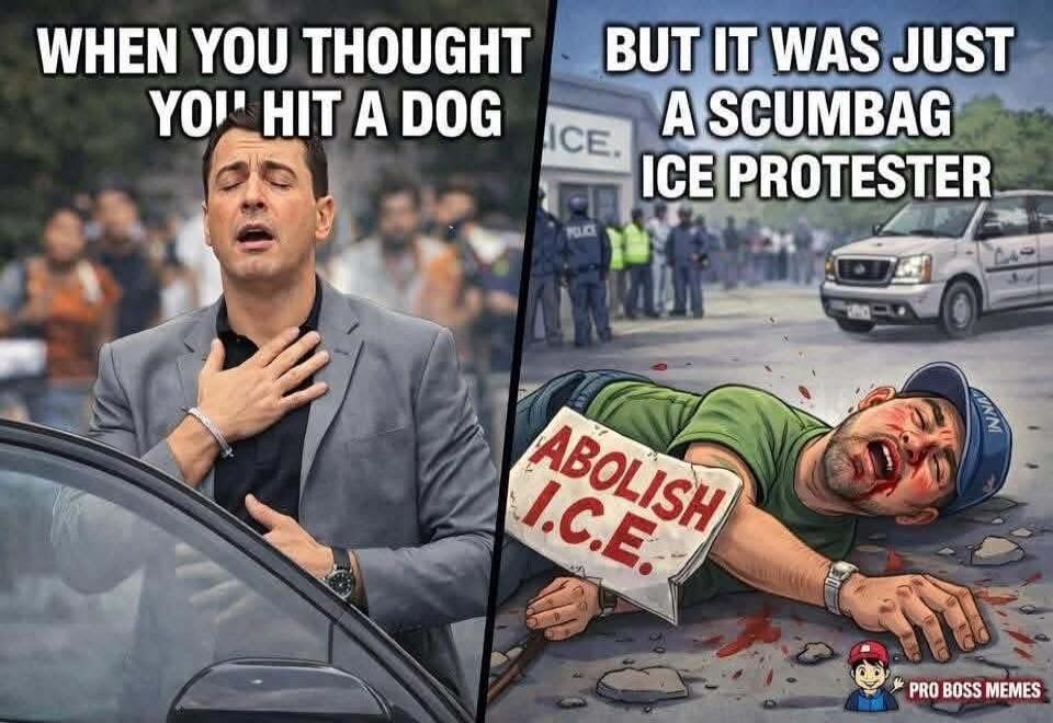 WHEN YOU THOUGHT YOU' HIT A DOG BUT IT WAS JUST A SCUMBAG ICE PROTESTER ABOLISH I.C.E. PRO BOSS MEMES