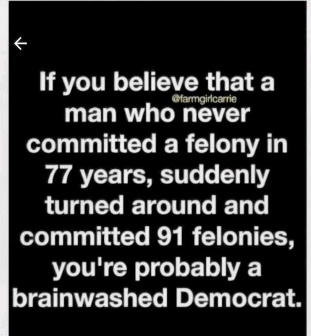 If you believe that a man who never committed a felony in 77 years, suddenly turned around and committed 91 felonies, you're probably a brainwashed Democrat.