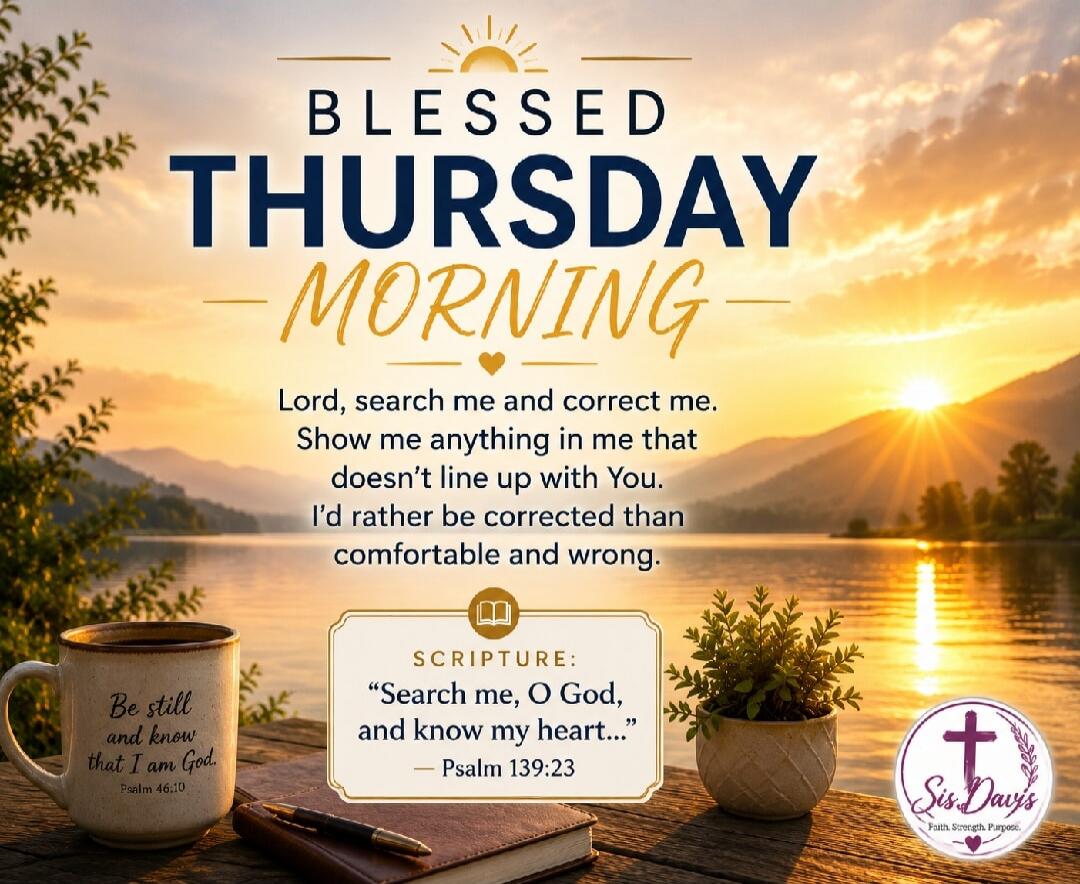BLESSED THURSDAY MORNING. Lord, search me and correct me. Show me anything in me that doesn't line up with You. I'd rather be corrected than comfortable and wrong. Be still and know that I am God. Psalm 46:10. SCRIPTURE: 