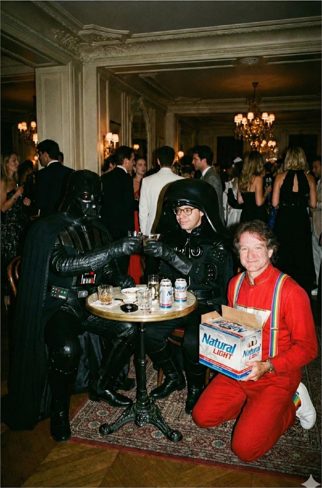 Two people dressed as Darth Vader sit at a small round table with drinks; a man in a red jumpsuit kneels beside them holding a Natural Light beer box.