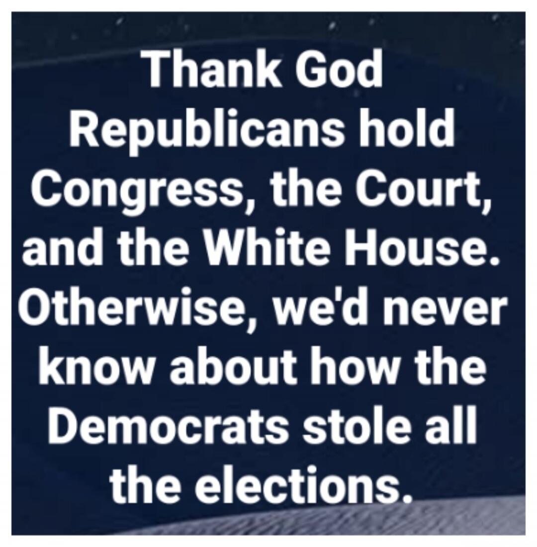 Thank God Republicans hold Congress, the Court, and the White House. Otherwise, we'd never know about how the Democrats stole all the elections.