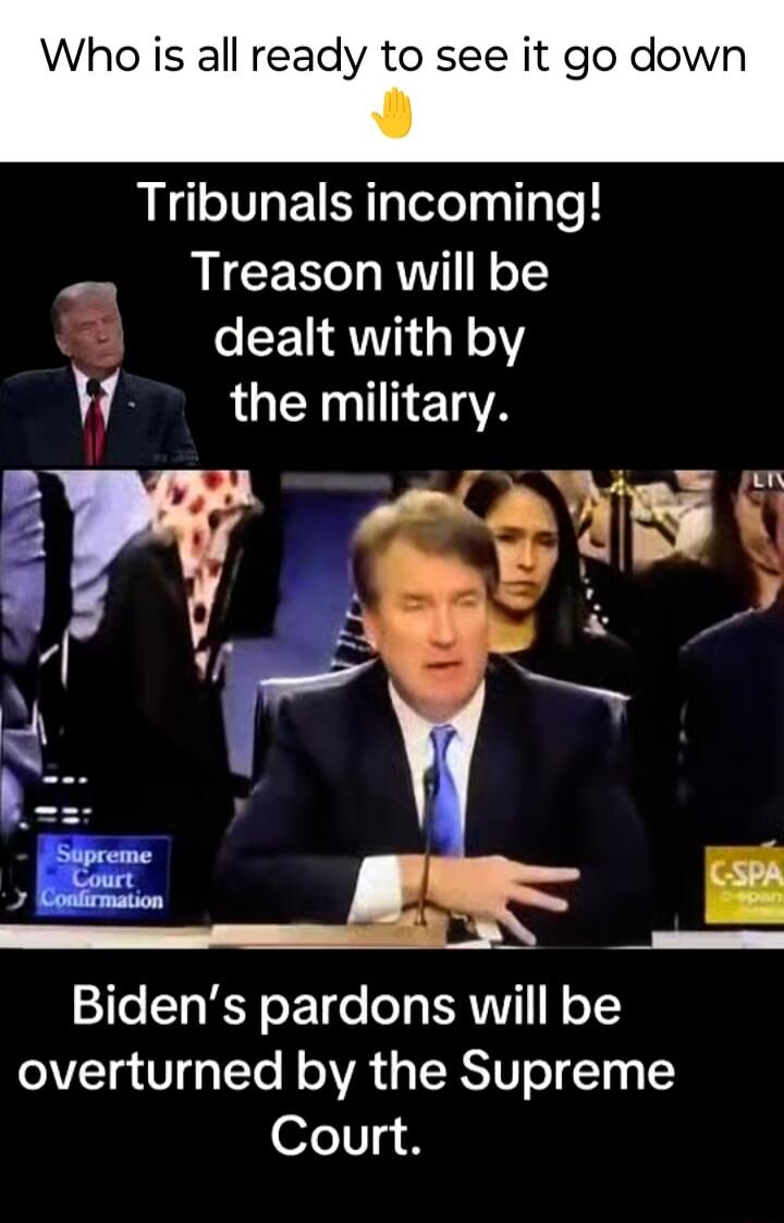 Who is all ready to see it go down Y Tribunals incoming Treason will be dealt with by the military irft Bidens pardons will be VTg V43 ToTe N oIVA a TSRSV o 103 1 ofV