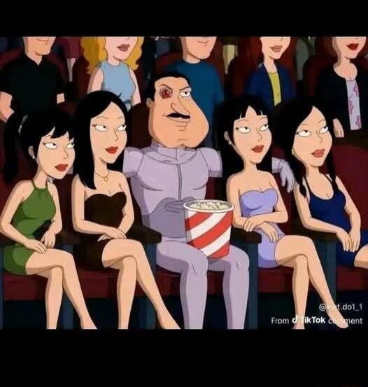 A cartoon character resembling Joe Swanson from Family Guy is sitting in a movie theater, surrounded by several attractive women who are looking at him. He is holding a bucket of popcorn. Text on the image reads: '@k.t.do1_1 From TikTok comment'.