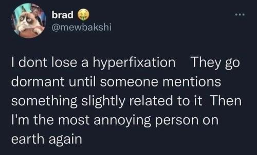 brad G EILELT dont lose a hyperfixation They go dormant until someone mentions something slightly related to it Then Im the most annoying person on CElRGIETET