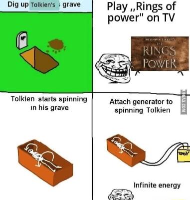Dig up Tolkiens grave N Play Rings of power on TV d Tolkien starts spinning In his grave Attach generator to spinning Tolkien 1 DV Infinite energy