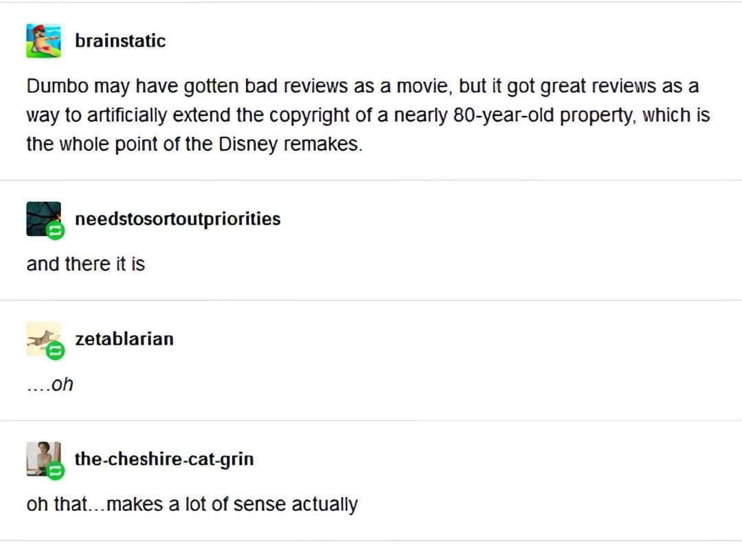 85 v Dumbo may have gotten bad reviews as a movie but t got great reviews as a way to artfcially extend the copyright of a nearly 80 year oid property which is the whole point of the Disney remakes B reccnoponis and there ttis g zotablaran on B tmcnesic cacgn oh thatmakes a lot of sense actually