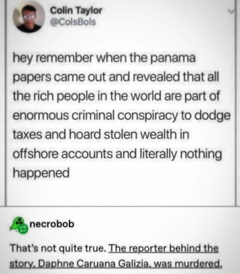 Colin Taylor ColsBols hey remember when the panama papers came out and revealed that all the rich people in the world are part of enormous criminal conspiracy to dodge taxes and hoard stolen wealth in offshore accounts and literally nothing happened necrobob Thats not quite true The reporter behind the story Daphne Caruana Galizia was murdered