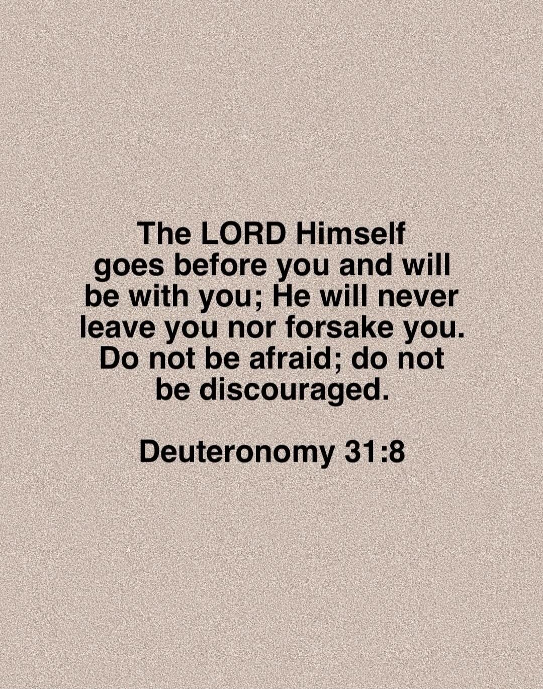 The LORD Himself goes before you and will be with you; He will never leave you nor forsake you. Do not be afraid; do not be discouraged. Deuteronomy 31:8