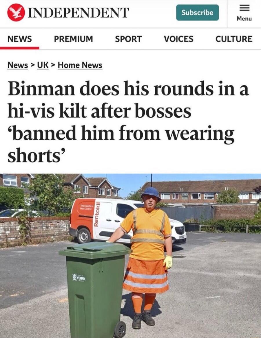 Binman does his rounds in a hi-vis kilt after bosses 'banned him from wearing shorts'