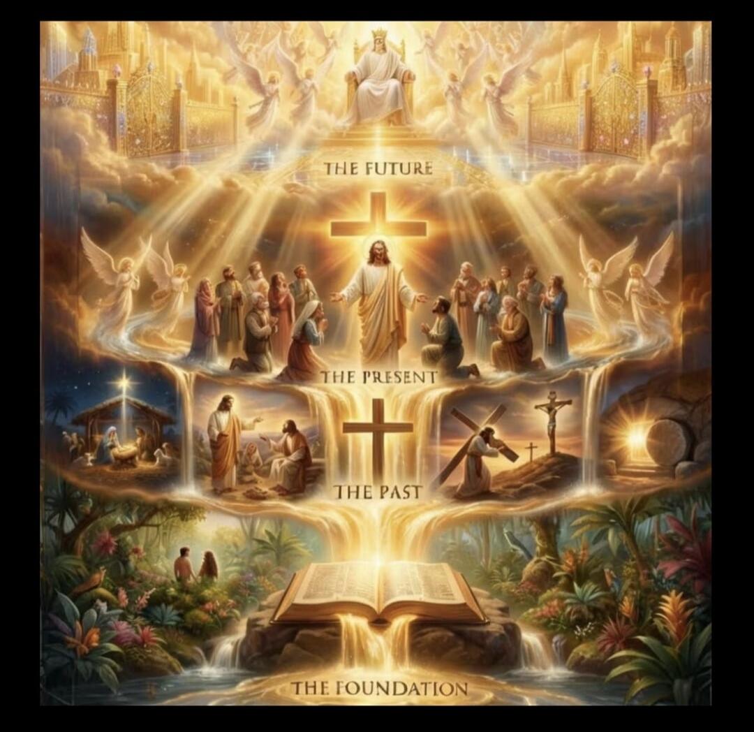 THE FUTURE, THE PRESENT, THE PAST, THE FOUNDATION. This image depicts the timeline of Christian faith, from the foundation of the Bible, through the past events of Jesus' life, the present gathering of believers, to the future promise of heaven.