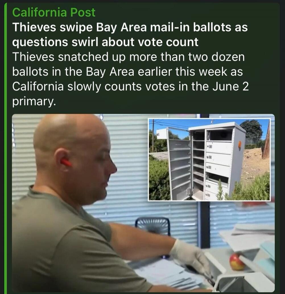 California Post. Thieves swipe Bay Area mail-in ballots as questions swirl about vote count. Thieves snatched up more than two dozen ballots in the Bay Area earlier this week as California slowly counts votes in the June 2 primary. The image shows a man working and an empty community mailbox.