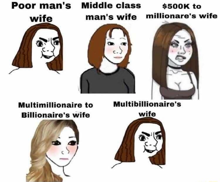 Poor mans Middle class 500K to wife mans wife millionares wife Multimillionaire to Multibillionaires Billionaires wife