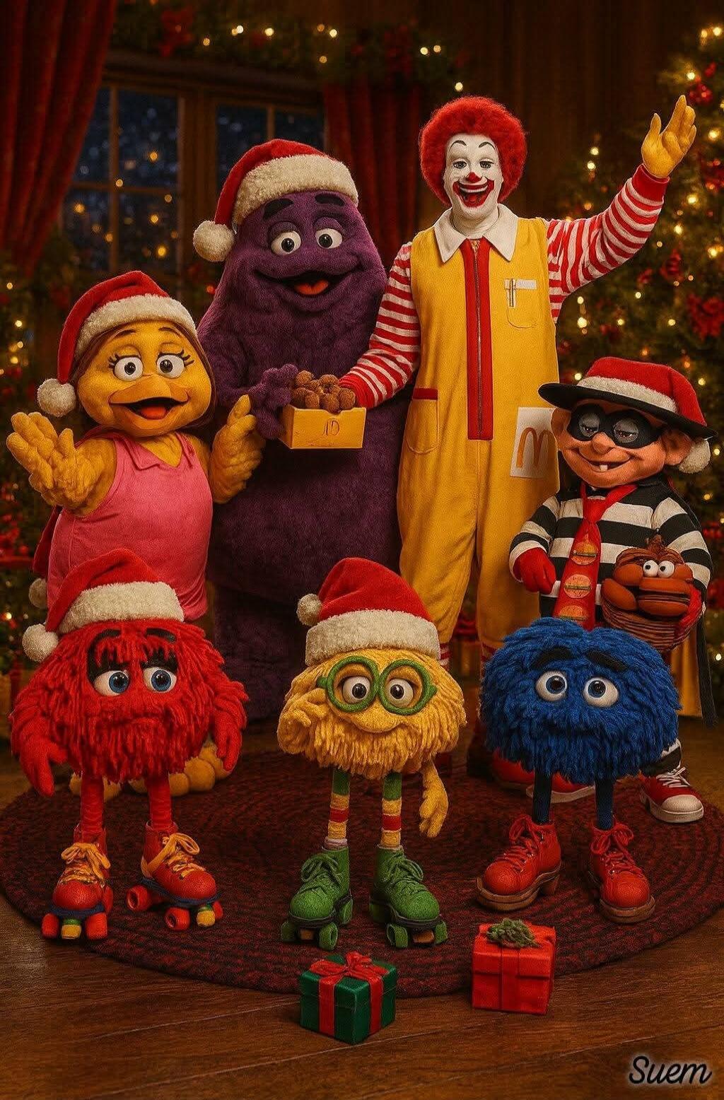 A group of Sesame Street characters wearing Santa hats posing together in a festive Christmas scene. In the background are Christmas trees with lights. The characters include a purple Grimace-like figure, a red furry character with a pink top, a yellow furry character with glasses, a blue furry character, and a striped-clown-like character holding 