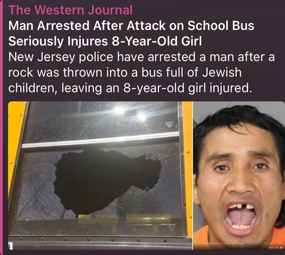 The Western Journal
Man Arrested After Attack on School Bus Seriously Injures 8-Year-Old Girl
New Jersey police have arrested a man after a rock was thrown into a bus full of Jewish children, leaving an 8-year-old girl injured.