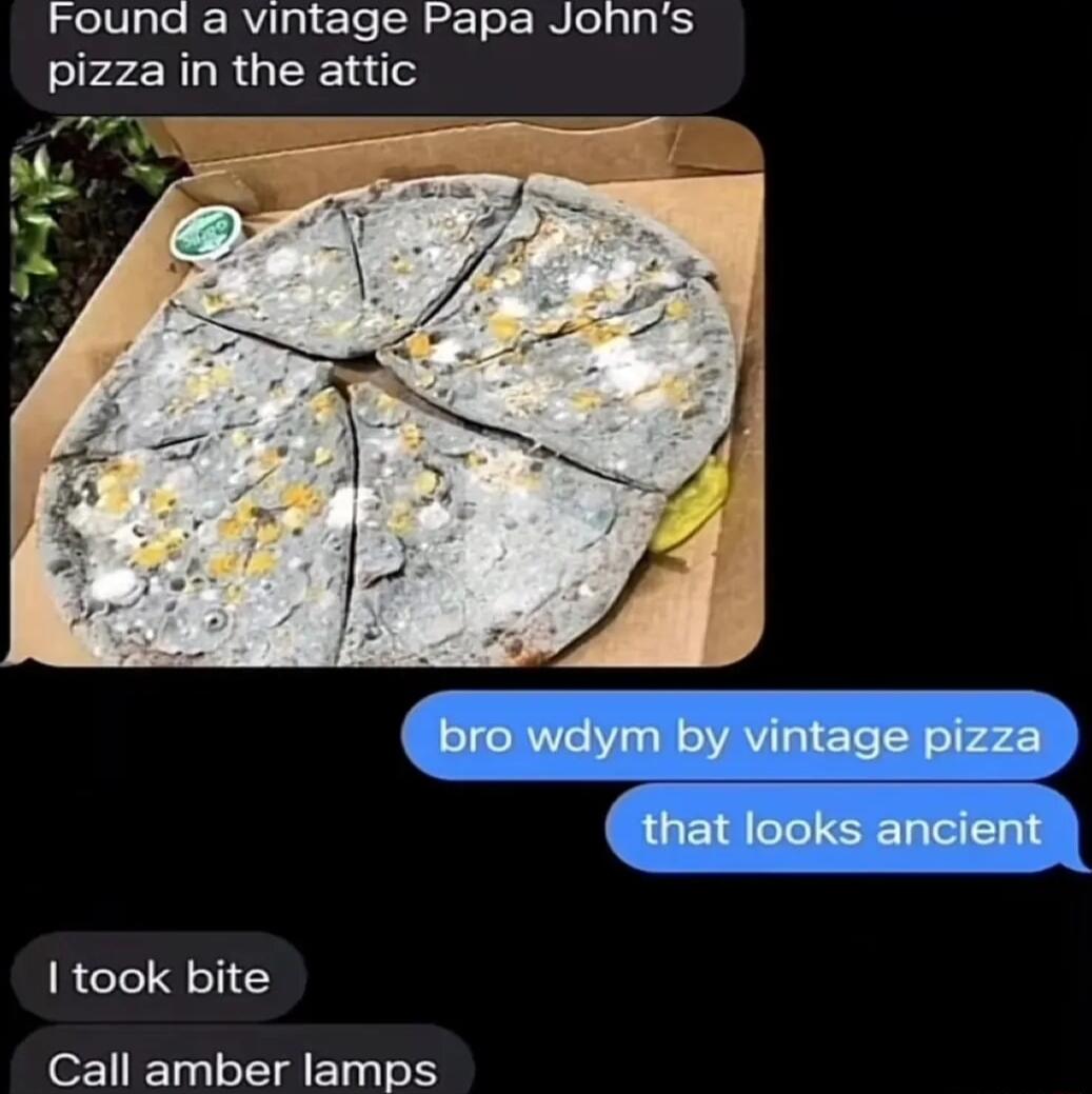 Found a vintage Papa Johns pizza in the attic me R07e Il AV ETe TS pizz 5 that looks ancient took bite Call amber lamps