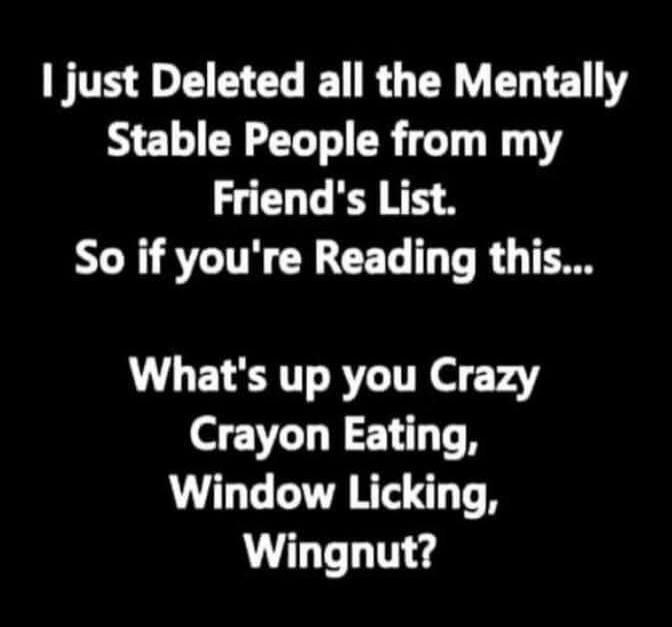 I just Deleted all the Mentally Stable People from my Friend's List. So if you're Reading this... What's up you Crazy Crayon Eating, Window Licking, Wingnut?