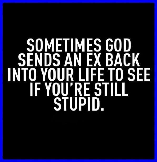 SOMETIMES GOD SENDS AN EX BACK INTO YOUR LIFE TO SEE IF YOU'RE STILL STUPID.