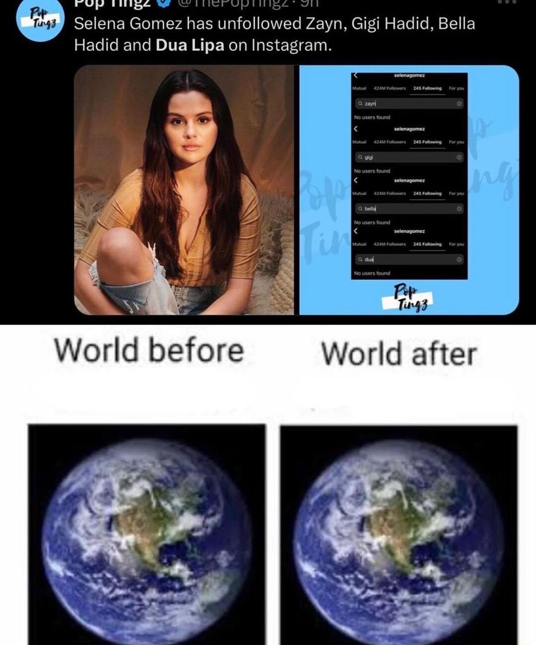 e N Q selena Gomez has unfollowed Zayn Gigi Hadid Bella Hadid and Dua Lipa on Instagram