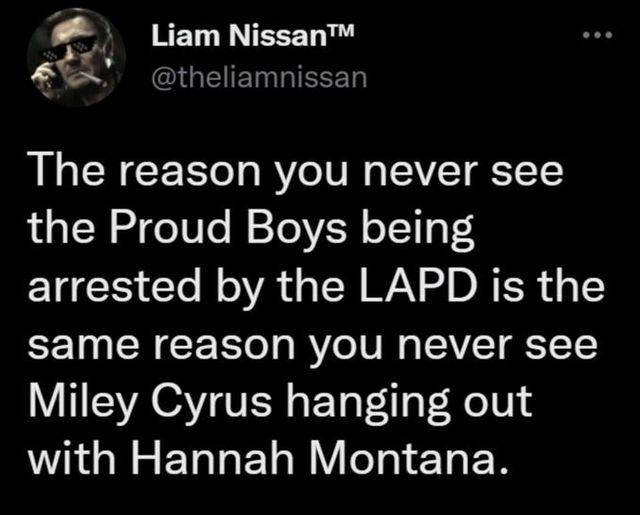 Liam Nissan 6eo dtheliamnissar The reason you never see the Proud Boys being IS GOl VA TN WA o DRTR 1 same reason you never see Miley Cyrus hanging out with Hannah Montana
