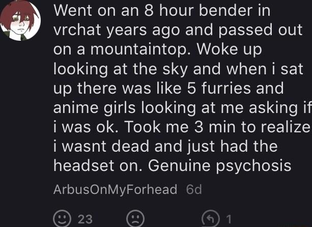 Went on an 8 hour bender in vrchat years ago and passed out on a mountaintop Woke up looking at the sky and when i sat up there was like 5 furries and anime girls looking at me asking if NVEER S l Gy RN T R N CE P4 IRES IR CET e BV S Ele R o1 headset on Genuine psychosis ArbusOnMyForhead 6d