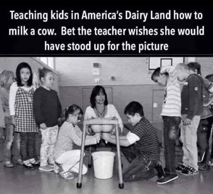 Teaching kids in Americas Dairy Land how to milk a cow Bet the teacher wishes she would have stood up for the picture