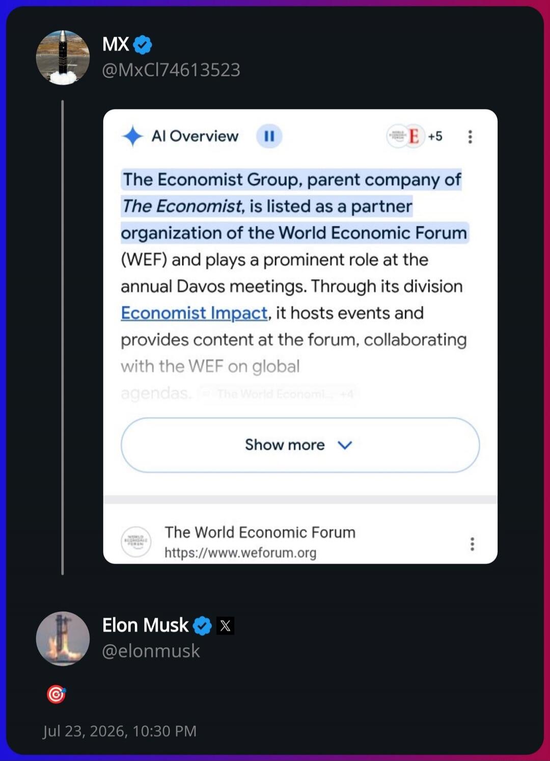 MX @MxCI74613523 AI Overview The Economist Group, parent company of The Economist, is listed as a partner organization of the World Economic Forum (WEF) and plays a prominent role at the annual Davos meetings. Through its division Economist Impact, it hosts events and provides content at the forum, collaborating with the WEF on global agendas. Show