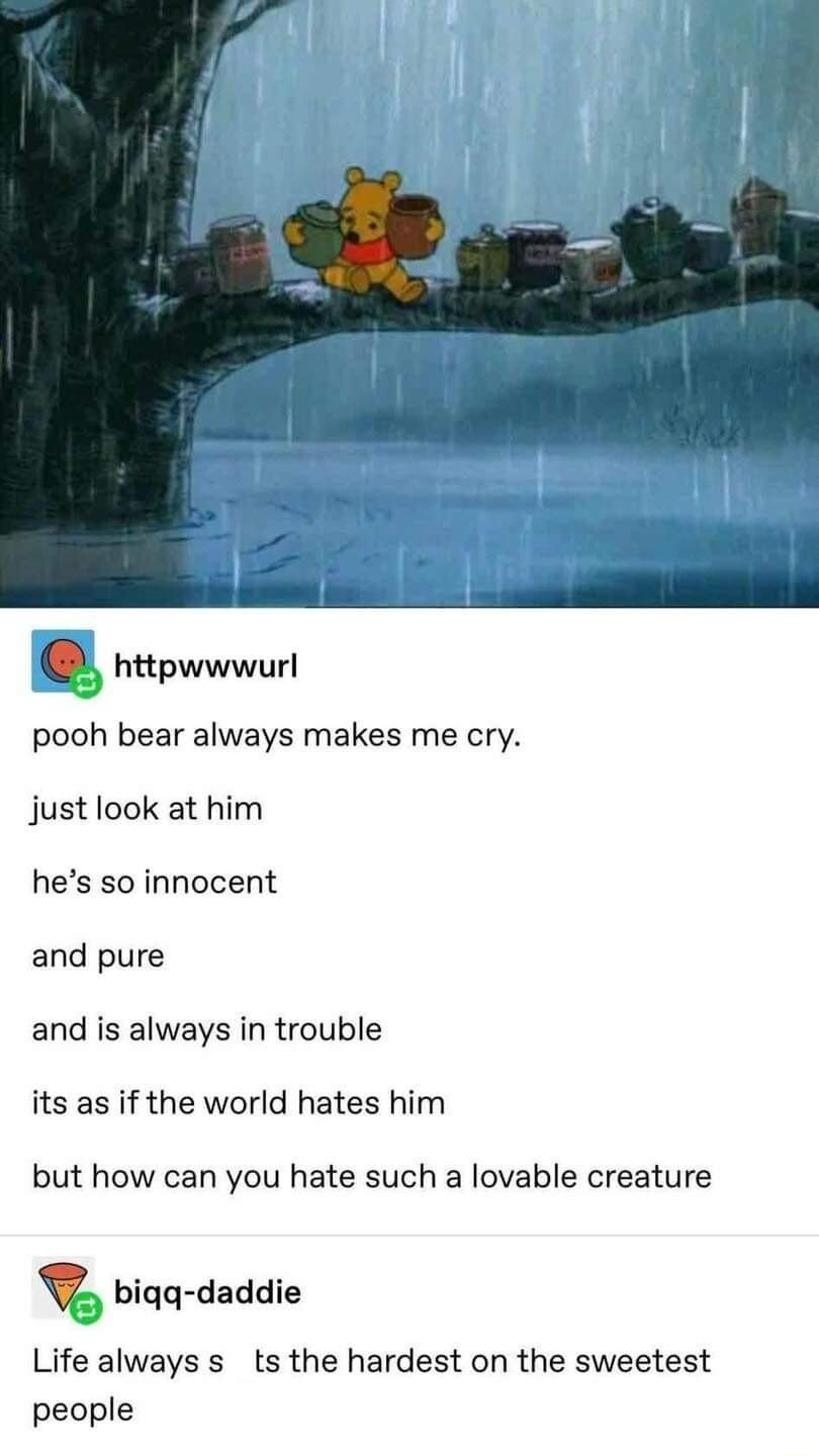 pooh bear always makes me cry just look at him hes so innocent and pure and is always in trouble its as if the world hates him but how can you hate such a lovable creature biqq daddie Life always s ts the hardest on the sweetest people