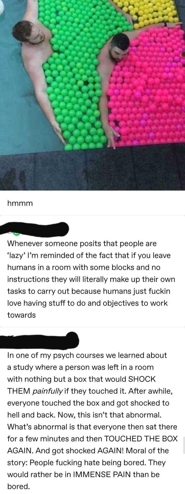 hmmm Whenever someone posits that people are lazy Im reminded of the fact that if you leave humans in a room with some blocks and no instructions they will literally make up their own tasks to carry out because humans just fuckin love having stuff to do and objectives to work towards In one of my psych courses we learned about a study where a person was left in a room with nothing but a box that w