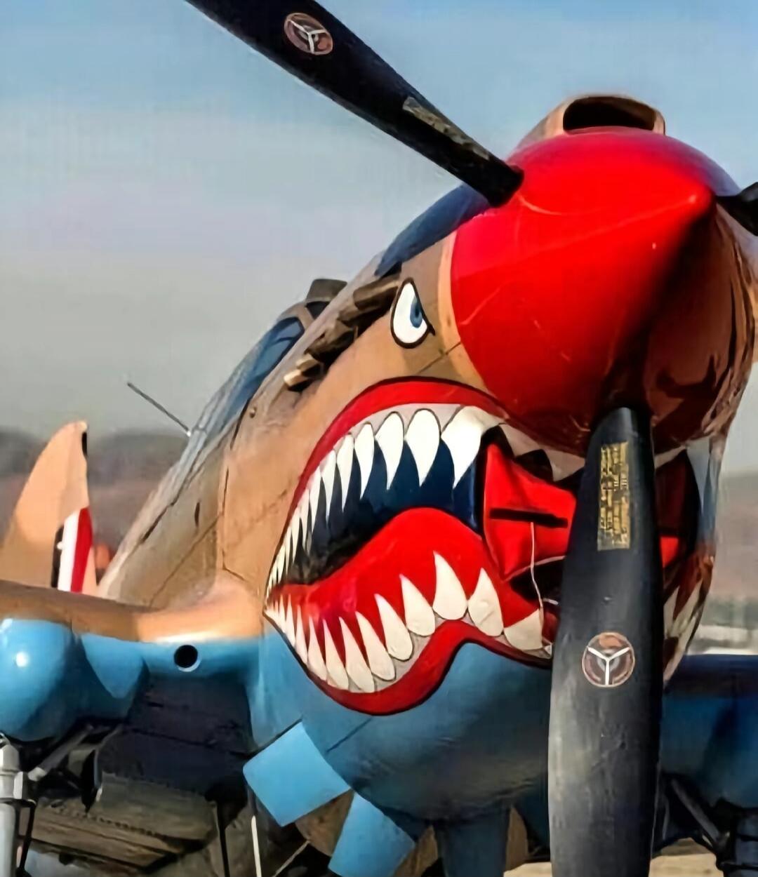 Colorful aircraft with a shark-mouth nose art and a propeller at the front.