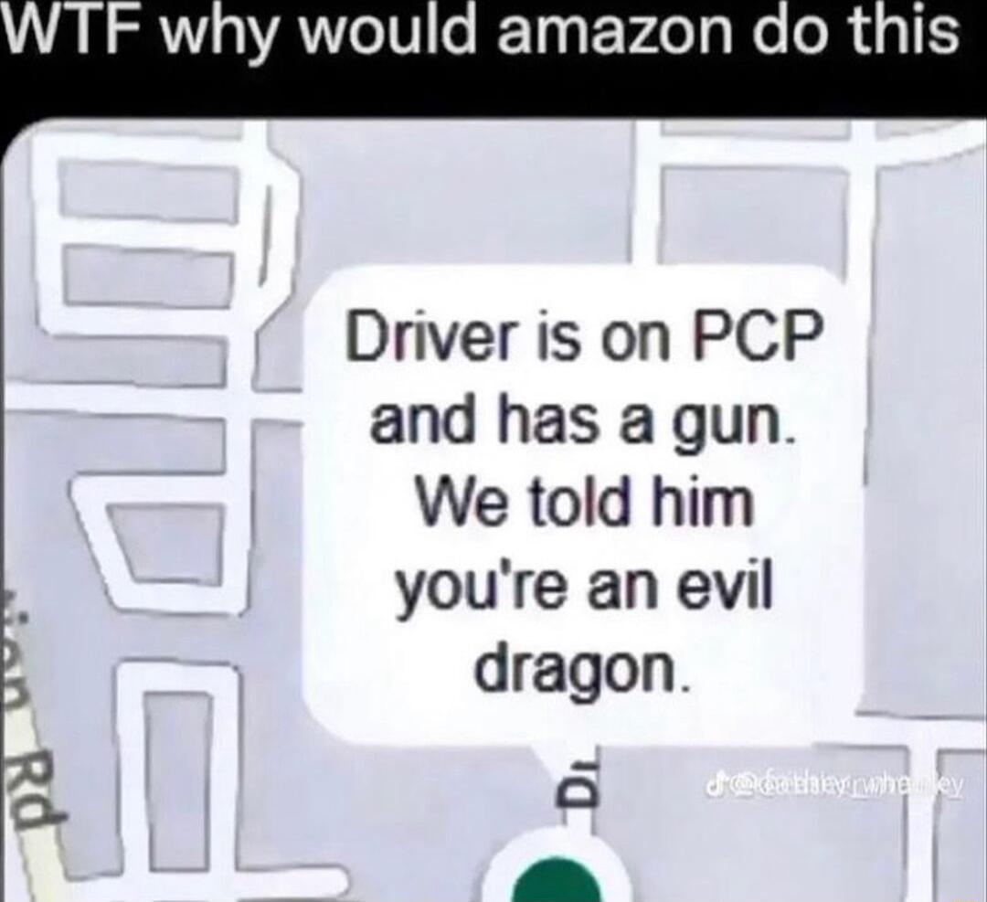 TF why would amazon do this Driver is on PCP and has a gun We told him youre an evil dragon a A put
