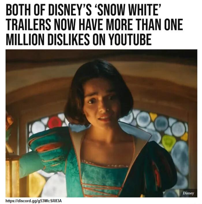 BOTH OF DISNEYS SNOW WHITE TRAILERS NOW HAVE MORE THAN ONE MILLION DISLIKES ON YOUTUBE