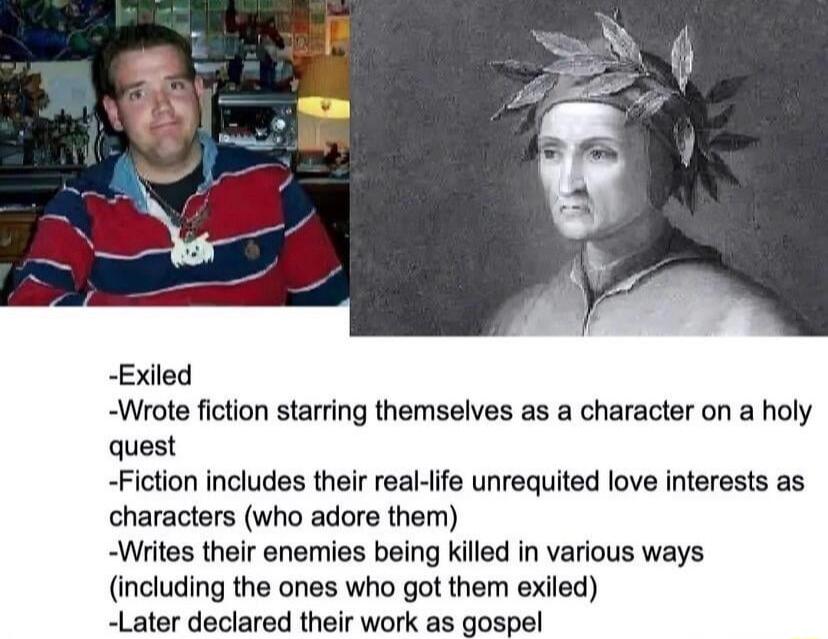 Exiled Wrote fiction starring themselves as a character on a holy quest Fiction includes their real ife unrequited love interests as characters who adore them Writes their enemies being killed in various ways including the ones who got them exiled _Later declared their work as gospel
