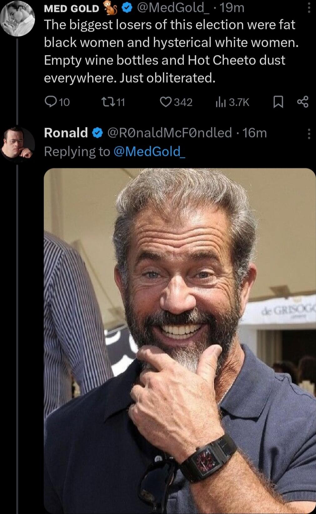MED GoLD MedGold_ 19m The biggest losers of this election were fat black women and hysterical white women Empty wine bottles and Hot Cheeto dust EERAGEIENVE Eel EIET N O10 Q342 3k R L Ronald RonaldMcFondled 16m P CEVIES GOV efol