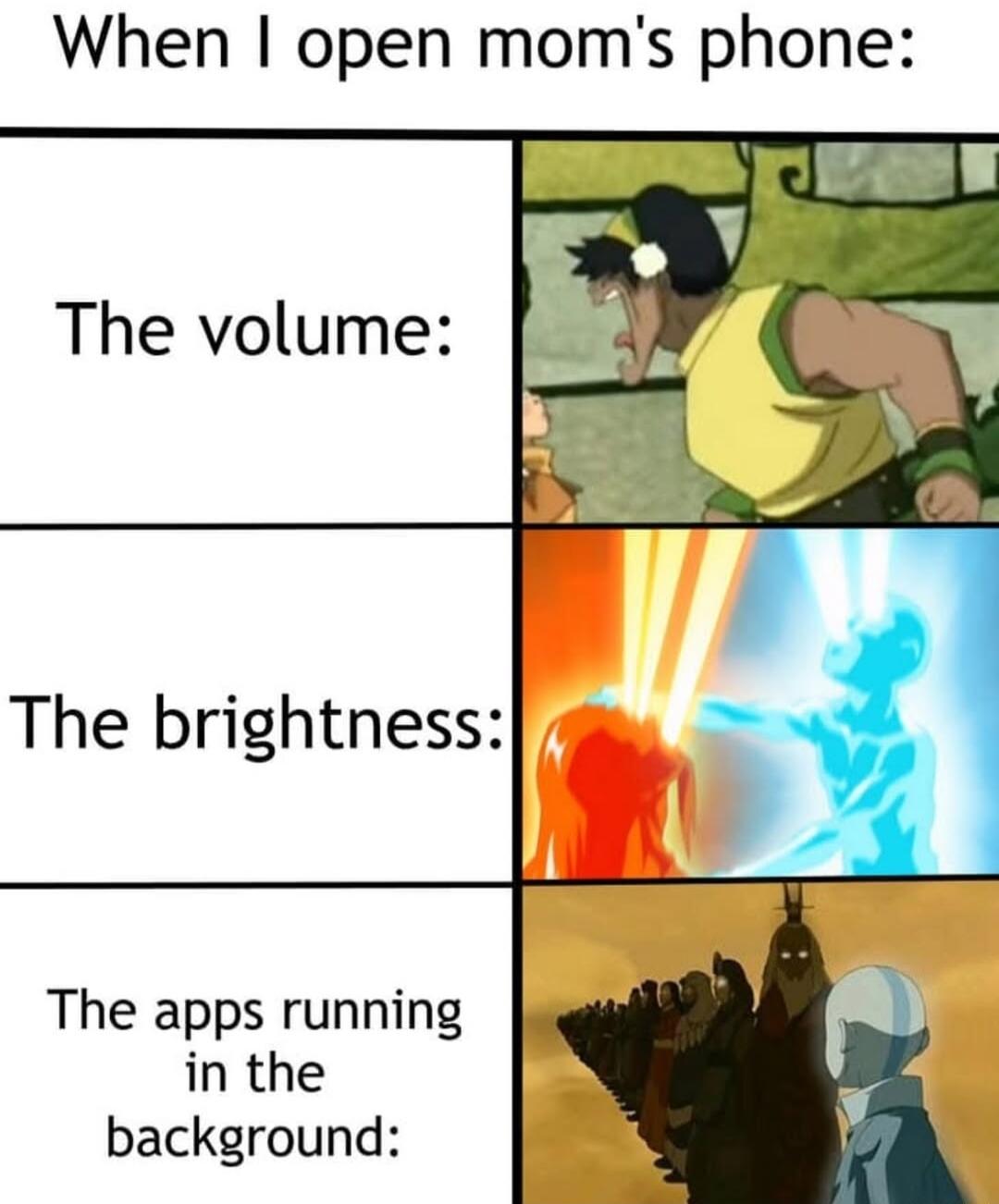 When open moms phone The volume The brightness The apps running in the background