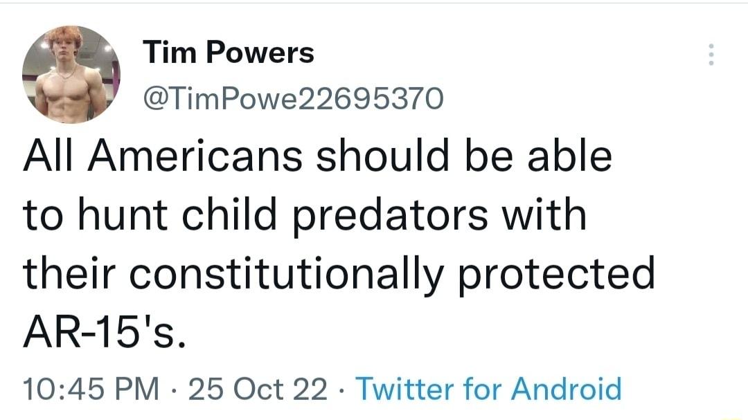 g Tim Powers TimPowe22695370 All Americans should be able to hunt child predators with their constitutionally protected AR 15s 1045 PM 25 Oct 22 Twitter for Android