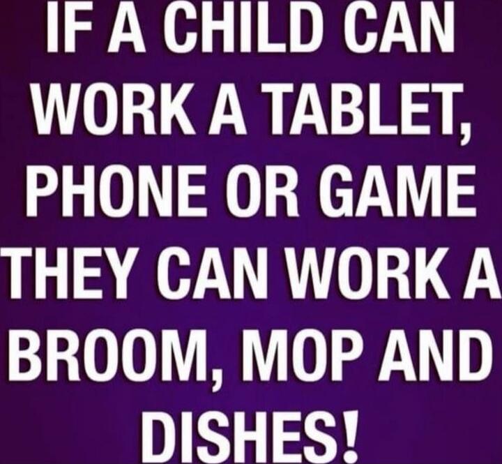 IF A CHILD CAN WORK A TABLET, PHONE OR GAME THEY CAN WORK A BROOM, MOP AND DISHES!